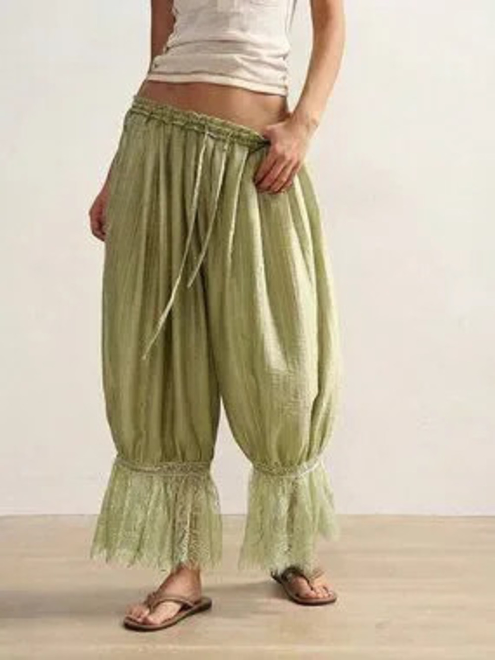 Green Casual boho womens Solid Stretchy Waist Lace hem Bloomers Pants